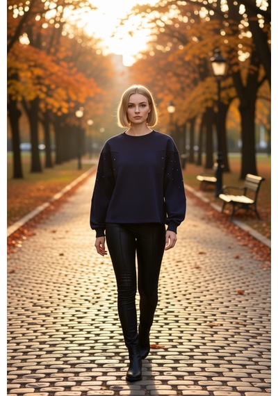 Benerly Kadın Bisiklet Yaka Düşük Kol Oversize %100 Pamuk Sweatshirt Fonk Lacivert