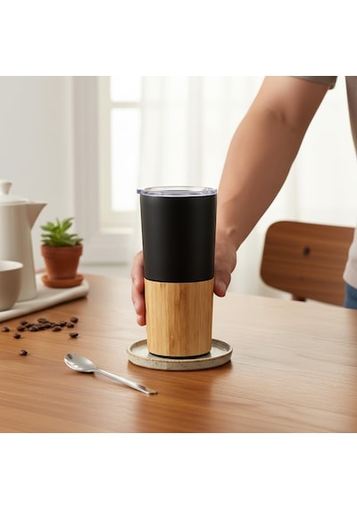 600 Ml Bambu Tabanlı Çelik Termos Mug - 5 Farklı Renk Seçenekli Sıcak Ve Soğuk Tutucu Seyahat Bardağı Siyah Çok Renkli