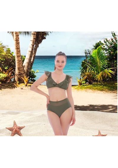 Shopiolog Kadın Düz Fırfırlı Yüksel Bel Bikini