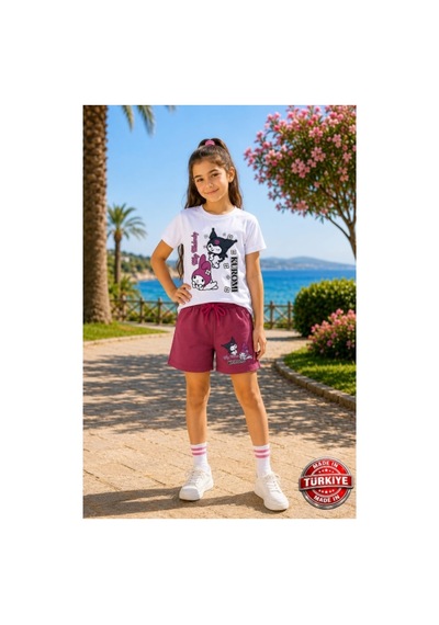 Kidsmadamiko Kuromi Baskılı Kız Çocuk Şort Tişört Takım - %100 Beyaz