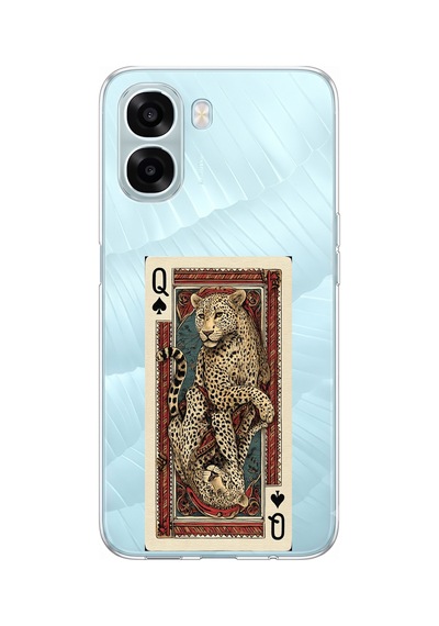 Oppo A6t - A6x Uyumlu İskambil Kağıdı Tasarımlı Leopar Portre Baskılı Silikon Kılıf Renkli
