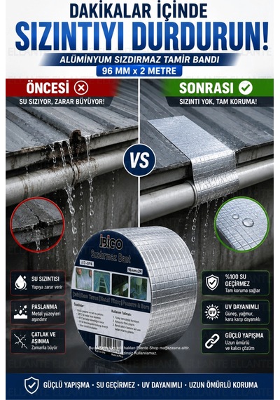 96 Mm X 2 Metre Alüminyum Sızdırmaz Tamir Bandı Su Geçirmez Güçlü Yapışkan Çatı Oluk Boru Pencere İz