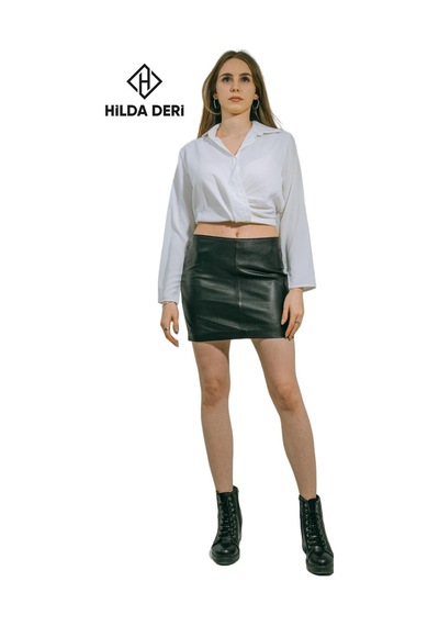 Hilda Deri Mini Etek Hakiki Kuzu Derisi Siyah Aidan 001