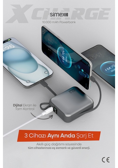 Simex 10.000 Mah 22.5w Hızlı Şarj Pd Powerbank Kendinden Kablolu Ve Dijital Göstergeli Taşınabilir Cihazı Standart