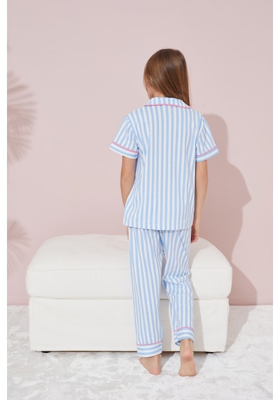 Siyah İnci Pamuklu Likralı Düğmeli Pijama Takım Mavi Beyaz