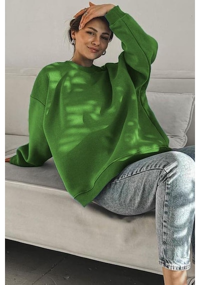 Madmext Madmext MG1559 Bisiklet Yaka Basic Kadın Sweatshirt - Yeşil