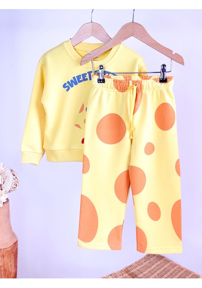Elzo Collection Unisex Sweet Chesee Baskılı Sweatshirt Baskılı Eşofman Alt Üst Takım Sarı
