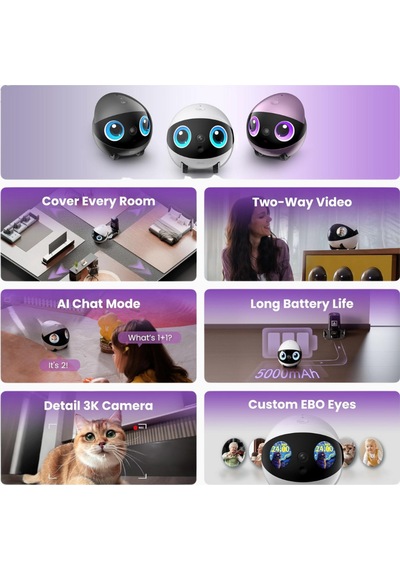Enabot Ebo Air 2 Plus 3k Gözetim Kamerası, Yapay Zekalı Mobil Robot, 2 Yönlü Ses, Gece Görüşü Kamera Sistemi Mor