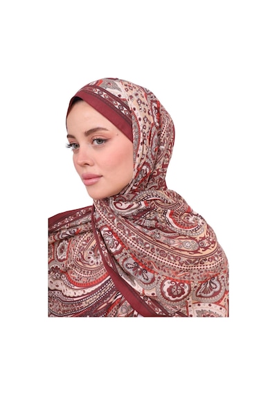 Premium Lux Original Etnik Desen Şal Vual İpek, 1. Sınıf, Hafif, Rahat, Şık, Tesettür Giyim Bordo