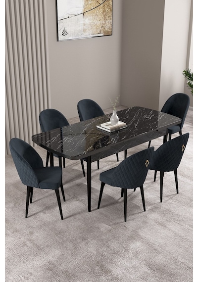 Milas Siyah Mermer Desen 80x132 Mdf Açılabilir Mutfak Masası Takımı 6 Adet Sandalye Antrasit Milas Siyah Mermer Desen 80x132 Mdf Açılabilir Mutfak Masası Takımı 6 Adet Sandalye Antrasit