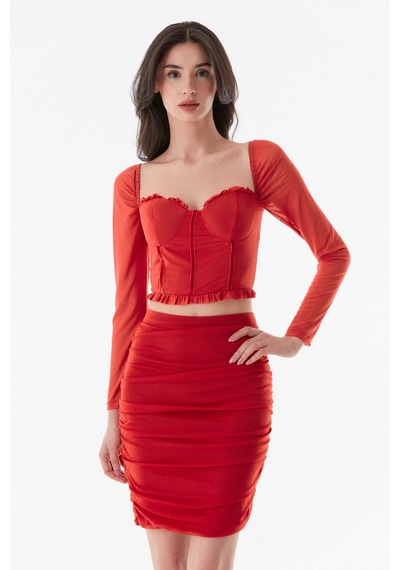 Fullamoda Tül Detaylı Kalp Yaka Crop Bluz- Kırmızı 24YGB5949205239-Kırmızı