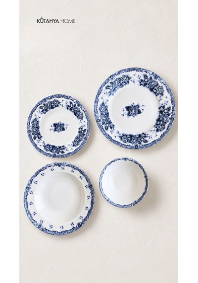Blue Romance 24 Parça Porselen Yemek Takımı, Mavi Çiçekli, Kütahya Home Çok Renkli