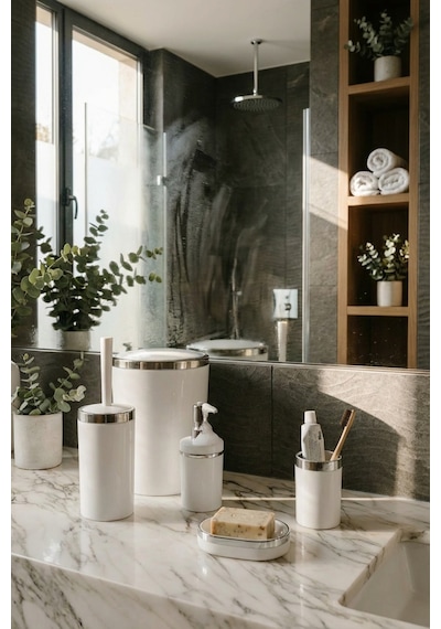 Makri Home Banyo Seti 5'li,akrilik-çöpkovası,wc Fırçalık,sıvı Sabunluk,diş Fırçalık,el Sabunluk Bordo
