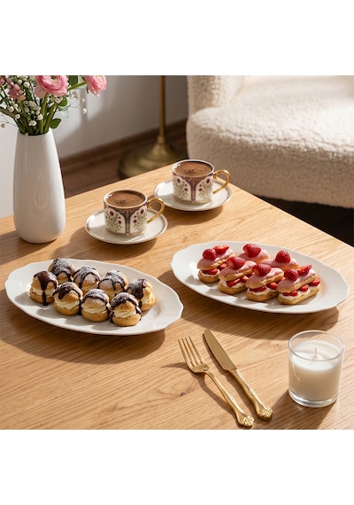 Porsima 4461 Gonca Porselen Kayık Tabak Seti - Oval Kahvaltılık Sunumluk Seti 25cm Beyaz