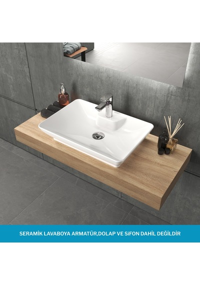 Aqua Bagno Leon Tezgah Üstü Lavabo 60x40 Cm Batarya Delikli Seramik Beyaz Çanak Lavabo-1.31.62.1.no