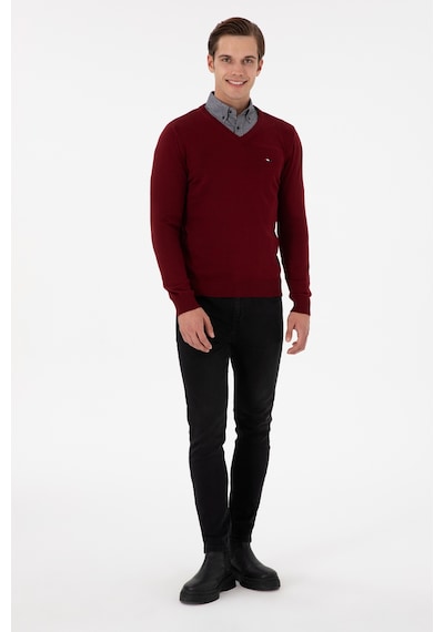 U.S. Polo Assn. Erkek Slim Fit V Yaka Bordo Basic Kazak 50298283-VR014