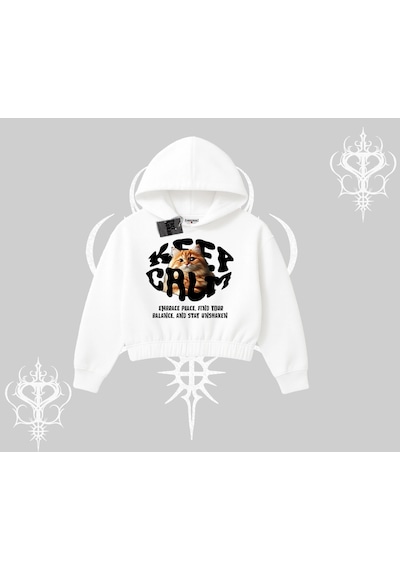 Keep Calm Yazılı Kedi Baskılı Streetwear Kapşonlu Crop Sweatshirt Beyaz