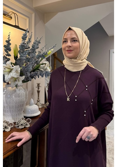 Rabia Şamlı Melda Triko Tunik Mürdüm Çok Renkli