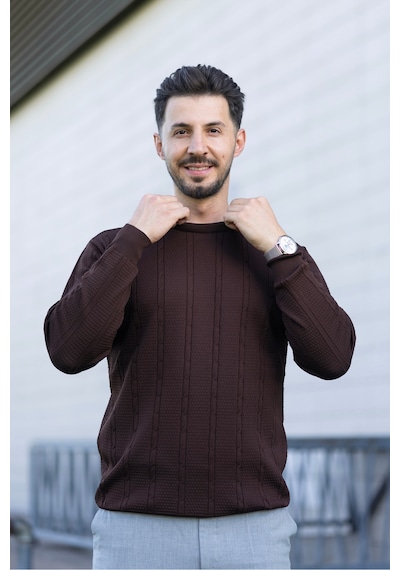 Hk Premium Erkek Fitilli Triko Kazak Slim Fit Bisiklet Yaka Likralı Kışlık Sweatshirt Kahverengi Hk Premium Erkek Fitilli Triko Kazak Slim Fit Bisiklet Yaka Likralı Kışlık Sweatshirt Kahverengi