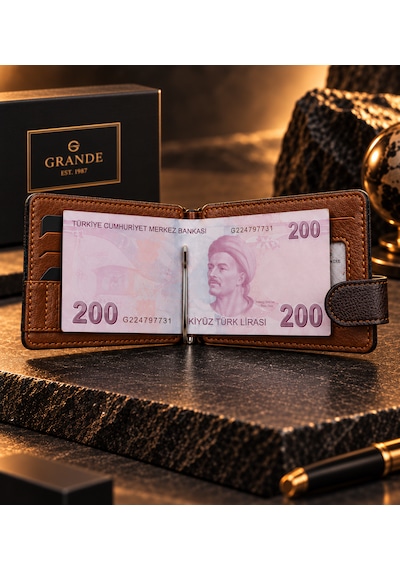 Grande 711 Hakiki Deri Menteşeli Para Bölmeli Erkek Mıknatıslı Kartlık/cüzdan Kahverengi - Taba