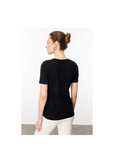 Desen Triko Kadın Açma Yaka Boncuk İşlemeli T-shirt 24754 Siyah Siyah