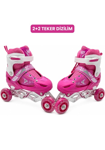 Vr1 - Metal 2+2 Işıklı 3in1 Ayarlanabilir Çocuk Pateni 2+1+1 / 2+2 Silikon Tekerli Uç Korumalı Pembe