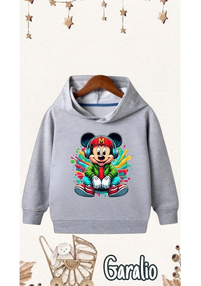 Startmore Mickey Mouse Baskılı Kapüşonlu Çocuk Sweatshirt Gri