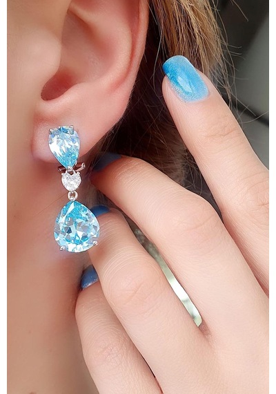 Aquamarin Taşlı 925ayar Gümüş Exclusive Küpe Kolye Set Takım