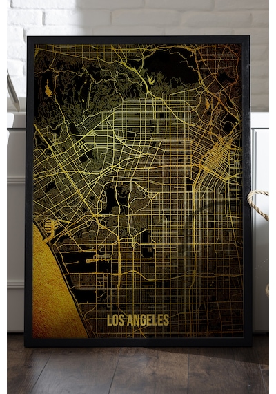 Los Angeles Şehir Haritası Siyah Ahşap Çerçeveli Poster, Dekoratif Harita Duvar Tablosu
