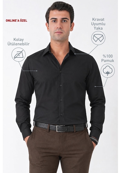 Siyah %100 Pamuklu Nefes Alabilir Kolay Ütülenebilir Uzun Kollu Slim Fit Gömlek Gk 766