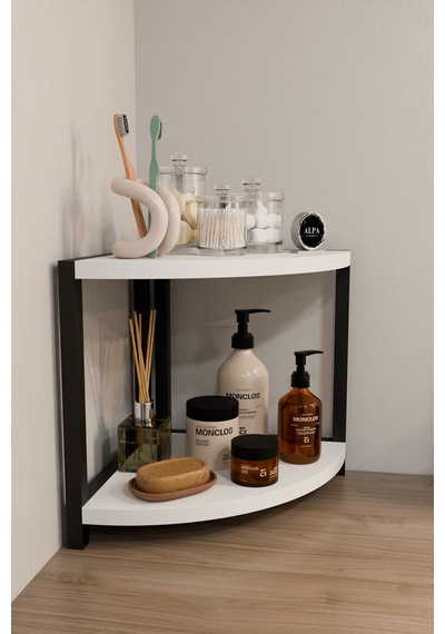 İki Raflı Banyo Köşe Oval Düzenleyici Organizer Raf Metal Gövdeli Çok Amaçlı Banyo Standı Beyaz