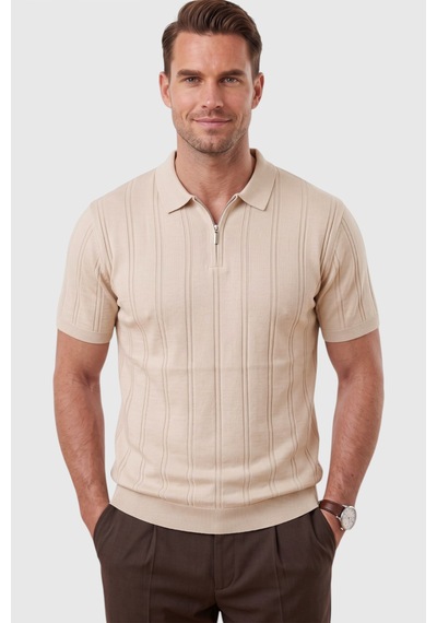 Deepsea Erkek Fermuarlı Polo Yaka Çizgi Dokulu Bej Triko Tişört Regular Fit Yumuşak Dokulu 2608007 Deepsea Erkek Fermuarlı Polo Yaka Çizgi Dokulu Bej Triko Tişört Regular Fit Yumuşak Dokulu 2608007