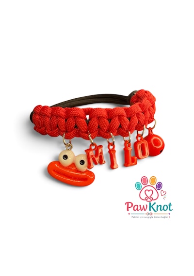 Pawknot Kişiye Özel İsimli Paracord Kedi Ve Köpek Tasması - Kırmızı / Sevimli Figürlü & Çanlı Kırmızı - Siyah