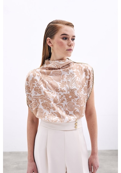 Sateen Aksesuarlı Yarasa Kol Bluz - Bej-135761 Bej