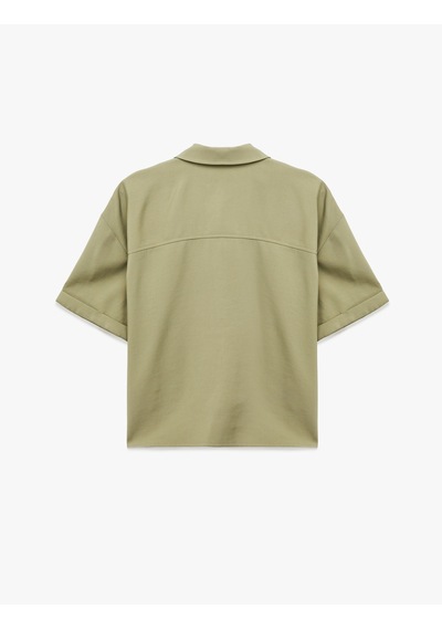 Koton Cupro Kumaş Gömlek Yaka Yarım Fermuarlı Kısa Kollu Oversize Bluz Haki 6sak60053pw