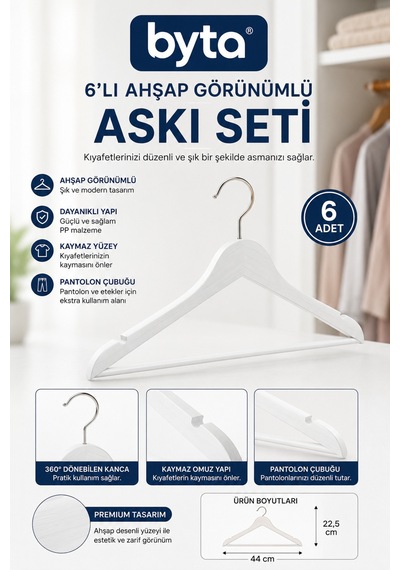 6'lı Beyaz Ahşap Görünümlü Elbise Askısı Seti 44 Cm Kaymaz Pantolon Çubuklu Kıyafet Askılığı Beyaz