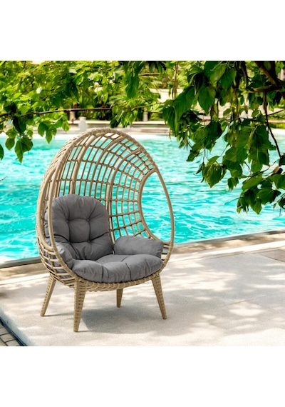 Egg Chair Tekli Rattan Bahçe Koluğu Rehome Minderli Oval Lounge Acı Kahverengi