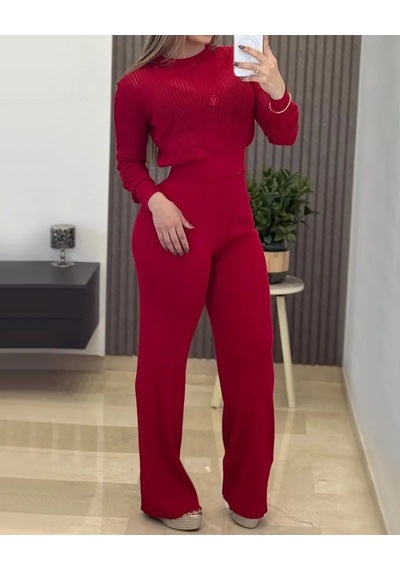Kadın Uzun Kollu Yuvarlak Yaka Transparan Detaylı Triko Bluz Ve Pantolon Ikili Takım Kırmızı