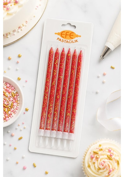 Kırmızı Gold Simli Uzun Pasta Mumu 17 Cm Karışık