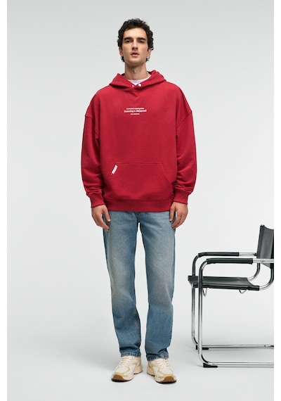 Grimelange CLAY Erkek %100 Pamuk Kapüşonlu Çıtçıtlı Baskılı Cebi Süs Etiketli Kırmızı Sweatshirt
