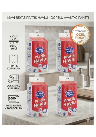 Mavi Beyaz Pratik Havlu 4 Adet 500 Yapraklı - Yeni Nesil Çok Amaçlı Kağıt Havlu Asma Aparatı Hediyeli