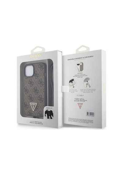 Apple Uyumlu iPhone 15 Kılıf Guess Lisans Pu Deri Askılı Taşlı Üçgen Logo 4g Desen Strass Crossbody Siyah