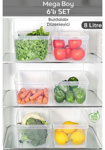 6 Adet Dolap İçi Buzdolabı Düzenleyici - Buzdolabı Meyve Sebze Saklama Kabı Organizer Sepet 8 Litre Şeffaf