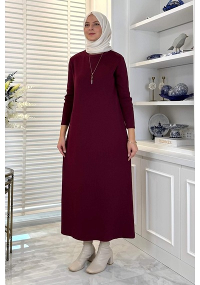 Rabia Şamlı Öykü Çelik Örme Triko Elbise Bordo Normal