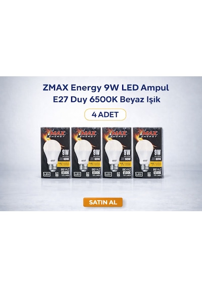 Zmax Energy 9w Led Ampul E27 Duy 6500k Beyaz Işık 720 Lümen 60w Eşdeğer Enerji Tasarruflu 4 Adet