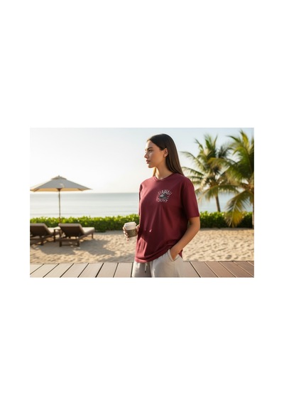 Urbantrendstore Unisex Hawai Baskılı Casual Tatil İçin Sade Basic Yazlık Beyaz Tshirt Oversize Fit Rahat Geniş Salaş T-shirt Günlük Tişört Bordo