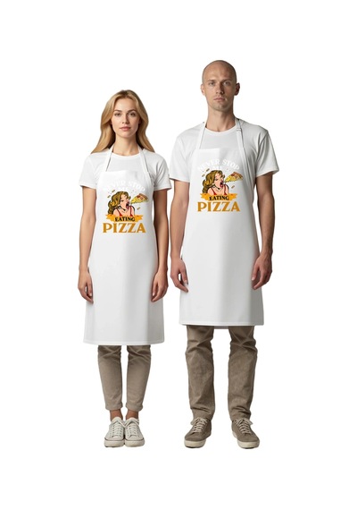 Kadın Unisex Mutfak Aşçı Önlüğü Pizza Temalı Vintage Baskı Rahat Beyaz