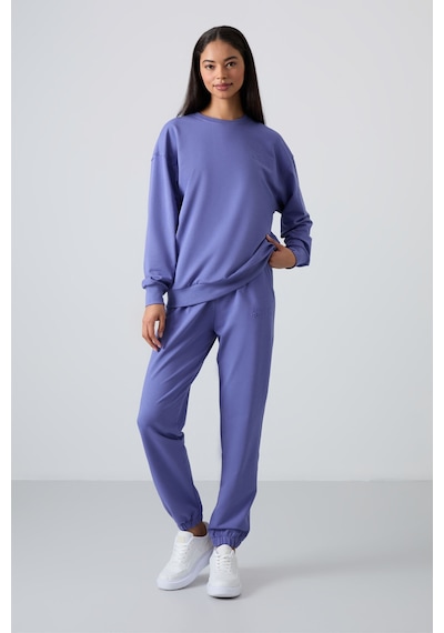 Tommy Life Eflatun Basic Pamuklu O Yaka Oversize Lastik Paça Kadın Eşofman Takım - 95287 Mor
