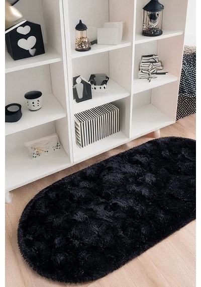 Siyah Oval Post Halı Kesme Yolluk Peluş Yumuşak Kaymaz Dot Taban