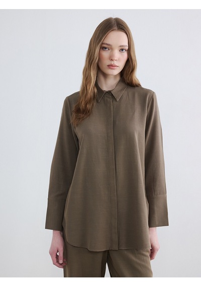 Lcw Modest Haki Oversize Keten Karışımlı Kadın Gömlek Tunik